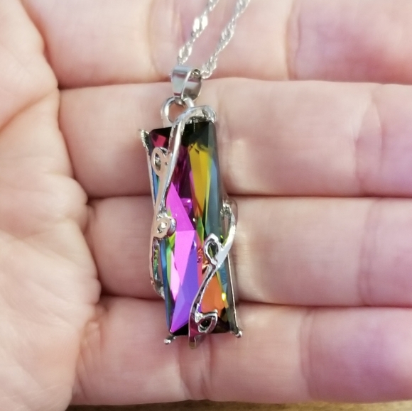 CRYSTAL GLASS NECKLACE Rainbow Silver Long Chain - Picture 3 of 6